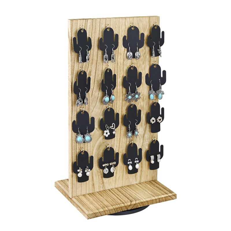 Ikee Design Wooden Rotating Two-Sided Jewelry Display Stand, Rotating Organizer with 32 Hooks for Store, Earring Keychain Display with Hooks, Oak color, 9 W x 7.5 D x 16.5 H in - Image 1